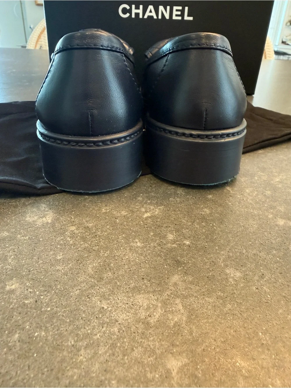 CHANEL Navy Quilted Leather Loafers with Gold CC Medallion